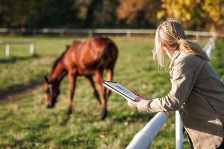 Woman artist drawing horse to sketchbook. Illustrator looking for graphic inspiration outdoors on animal farm pastureの写真素材