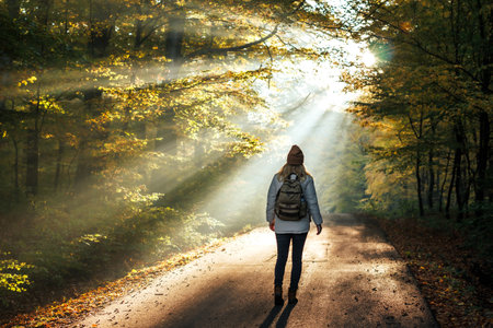 Woman walks on road in autumn forest with sunlight shining through trees. Moody atmosphere during hiking in cold morning sunriseの写真素材