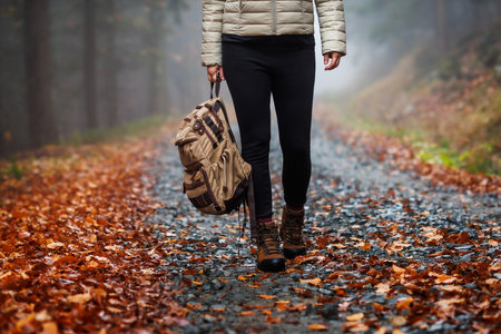 Woman with backpack and hiking boot walking on trail in autumn forest. Female legs walking on...