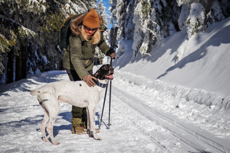 Woman with her dog hiking in winter forest. New breed European Sled Dog with pet owner standing on...