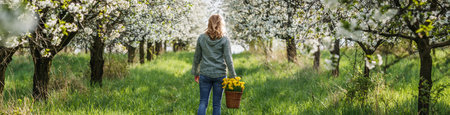 Spring in blooming cherry tree orchard. Woman with daffodil flowers in wicker basket walks outdoors. Panoramic viewの写真素材