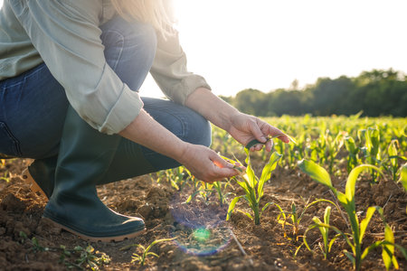 Woman farmer examining corn plant seedling in field. Spring gardening. Agricultural activityの写真素材