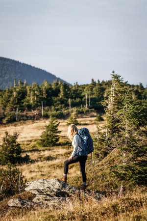 Woman hiking in mountains. Tourist with backpack walks on trekking trail. Adventure in natureの写真素材