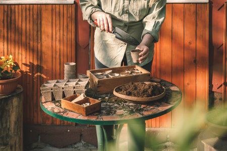 Woman with shovel putting soil and compost into biodegradable peat pots. Planting and sowing at springtimeの写真素材