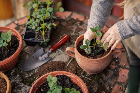 Planting strawberry seedling into flower pot on table. Spring gardeningの写真素材