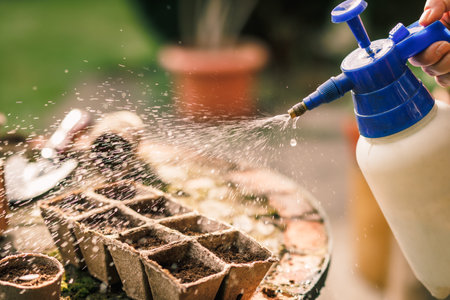 Watering potted seeds in biodegradable seedling tray by crop sprayer. Spring gardening and planting in the gardenの写真素材