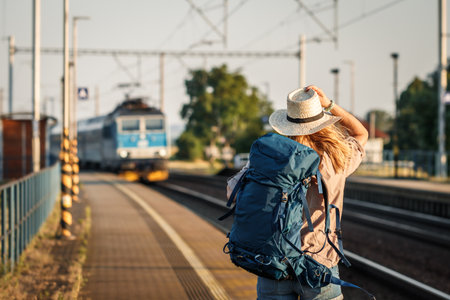 Female backpacker traveling by train alone. Woman with backpack and straw hat standing at railroad station platform and looking at arriving trainの写真素材