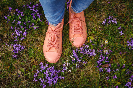 Woman with pink canvas shoes standing in meadow with violet flowers. Spring fashion seasonの写真素材