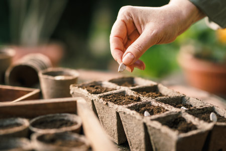 Farmer planting seed into seedling tray. Biodegradable peat pot for sowing and gardeningの写真素材