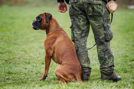 Dog Boxer sitting next to pet owner. Animal obedience training outdoorsの写真素材