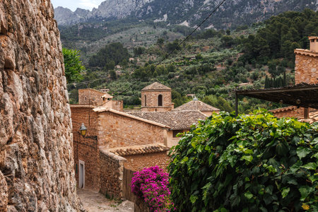 Traditional mountain village Fornalutx in Mallorca. Typical street in a Spanish old town with stone buildings and flowering potted plantsの写真素材