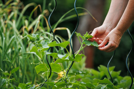 Organic gardening. Woman checks growth of cucumber plant in vegetable gardenの写真素材