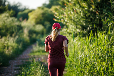 Woman running in nature. Sports activity and cardio exercise outdoors in summerの写真素材