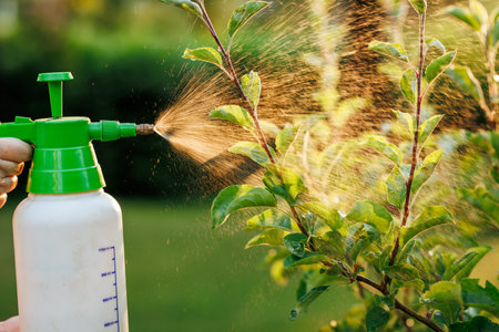 Spraying tree with insecticide against pests and diseases in the garden using crop sprayerの写真素材