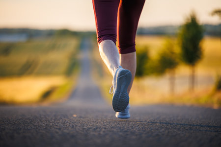Woman with sports shoe running on road. Outdoor fitness and sports trainingの写真素材