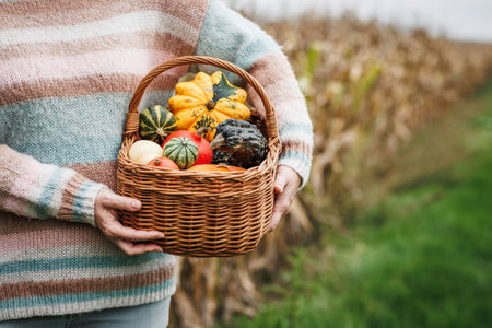 Woman holding decorative pumpkins in wicker basket. Autumn harvest and natural decoration for Halloween or thanksgiving holidayの写真素材