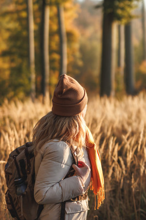Woman with backpack, jacket, scarf and knit hat walks in golden grass. Autumn hiking in forest. Outdoor warm clothingの写真素材