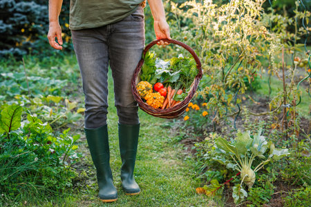 Woman farmer with rubber boots holding wicker basket with harvested vegetables in organic gardenの写真素材
