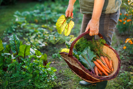 Woman farmer harvesting chard leaves and carrots from her organic vegetable gardenの写真素材