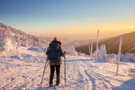 Hiking in snow at winter mountain during sunset. Woman with backpack and Nordic walking poles trekking in cold weather. Sports and outdoor seasonal activitiesの写真素材