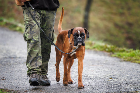 Boxer dog walking with his pet owner on road outdoors. Animal themesの写真素材