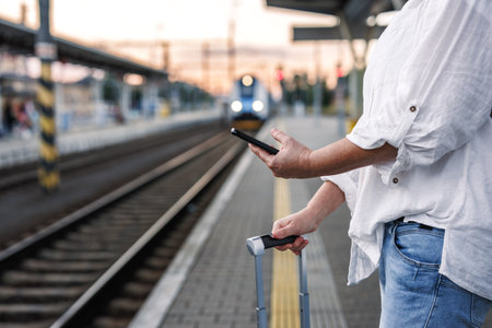 Woman with suitcase is using smartphone and mobile app to purchase online transport ticket. Tourist waiting for train at the station. Solo travelの写真素材