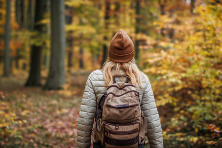 Woman with backpack hiking on footpath in autumn forest. Solo female tourist outdoorsの写真素材