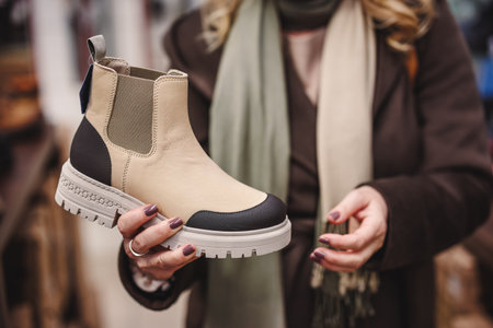 Woman is choosing and buying stylish leather ankle boots in shoe store. Shopping trendy shoesの写真素材