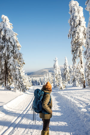 Woman with backpack hiking in winter mountains at trekking trail. Walk in snow in natureの写真素材