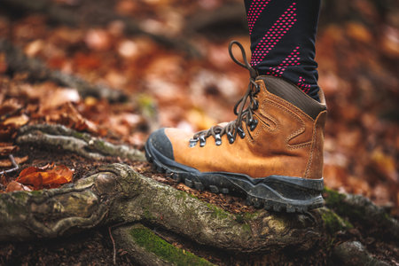 Leather hiking boot. Woman in leggings walks in the autumn forest. Sport clothingの写真素材