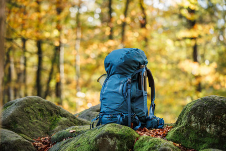 Hiking backpack on rock in forest. Blue rucksack, trekking equipment and outdoor essentialsの写真素材