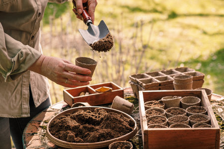 Spring gardening. Female gardener with shovel putting soil and compost into biodegradable peat pots. Planting and sowing in the gardenの写真素材