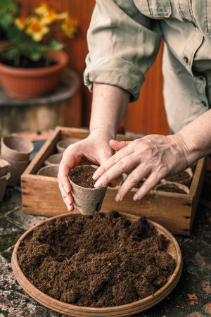 Gardener putting soil and compost into biodegradable peat pots. Planting and sowing at springtimeの写真素材