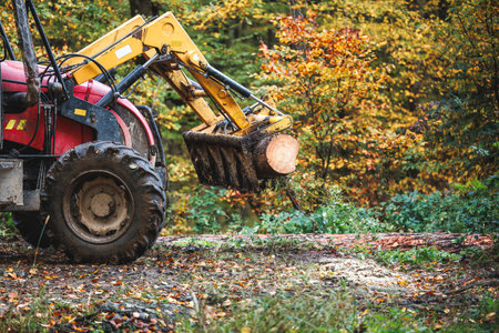 Tractor with grapple in forest. Lumber industry. Heavy machinery for timber work and log loadingの写真素材