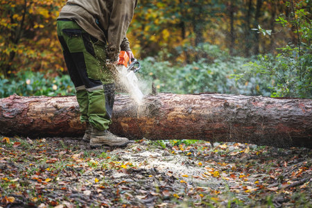 Unrecognizable lumberjack is cutting tree trunk by chainsaw in woodland. Lumber industry and deforestationの写真素材