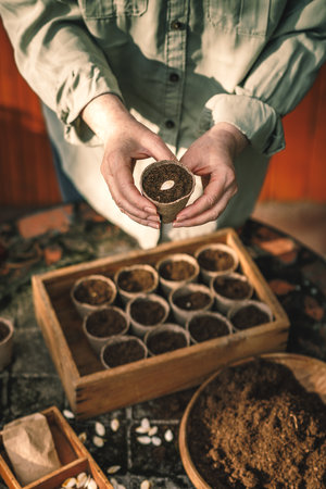 Spring gardening and sowing. Planting pumpkin seeds for germination into biodegradable peat potsの写真素材