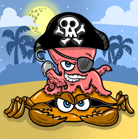Pirate octopus riding a crabの写真素材