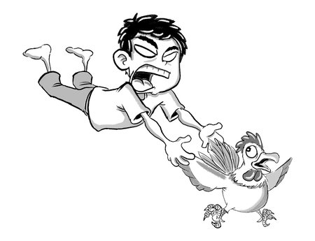 angry boy try to catch a chickenの写真素材
