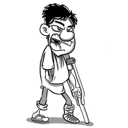 boy standing with only one legの写真素材