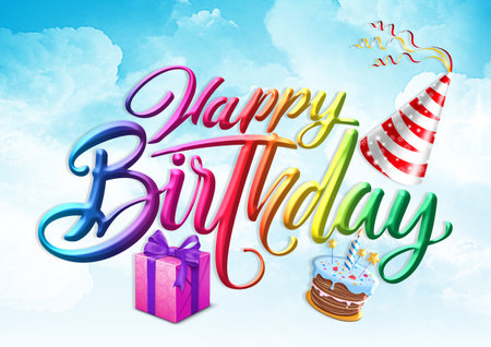 colourful happy birthday word in 3D style with cake and hatの写真素材