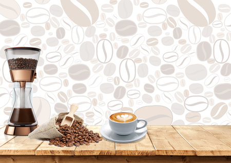 Coffee cup and beans on wooden table with coffee beans backgroundの写真素材