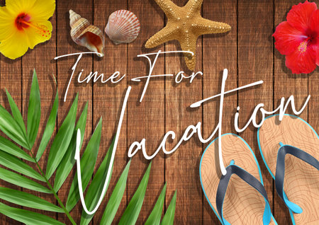 Summer background with flip flops, starfish and hibiscus flowers and a word time for vacationの写真素材