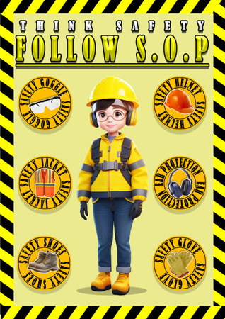 Cute littlegirl wearing safety helmet and safety vest with safety icons for safety posterの写真素材