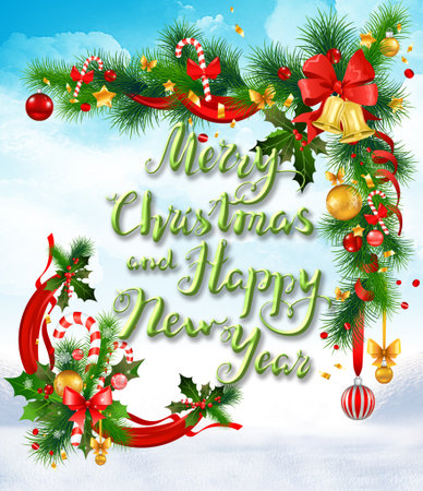 Merry Christmas and Happy New Year greeting card with christmas wreath.の写真素材