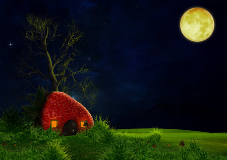 Dark background with a strawberry house in the grass and a big moon fantasy styleの写真素材