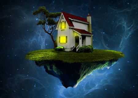 House on the small floating island in galaxy at the night sky with stars and cloudsの写真素材