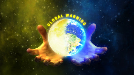 Earth and sun in the hands of a man  global warming conceptの写真素材