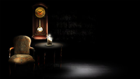 3D rendering of an old clock and a chair in a dark roomの写真素材