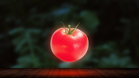 Tomato on wooden table with blurred background, 3D illustration.の写真素材