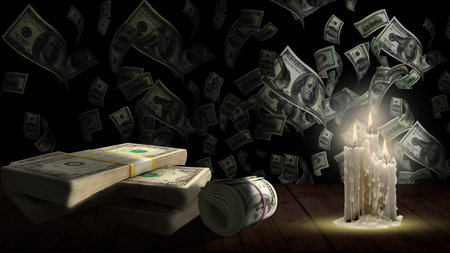 Candle and money on a wooden table. 3d illustration.の写真素材